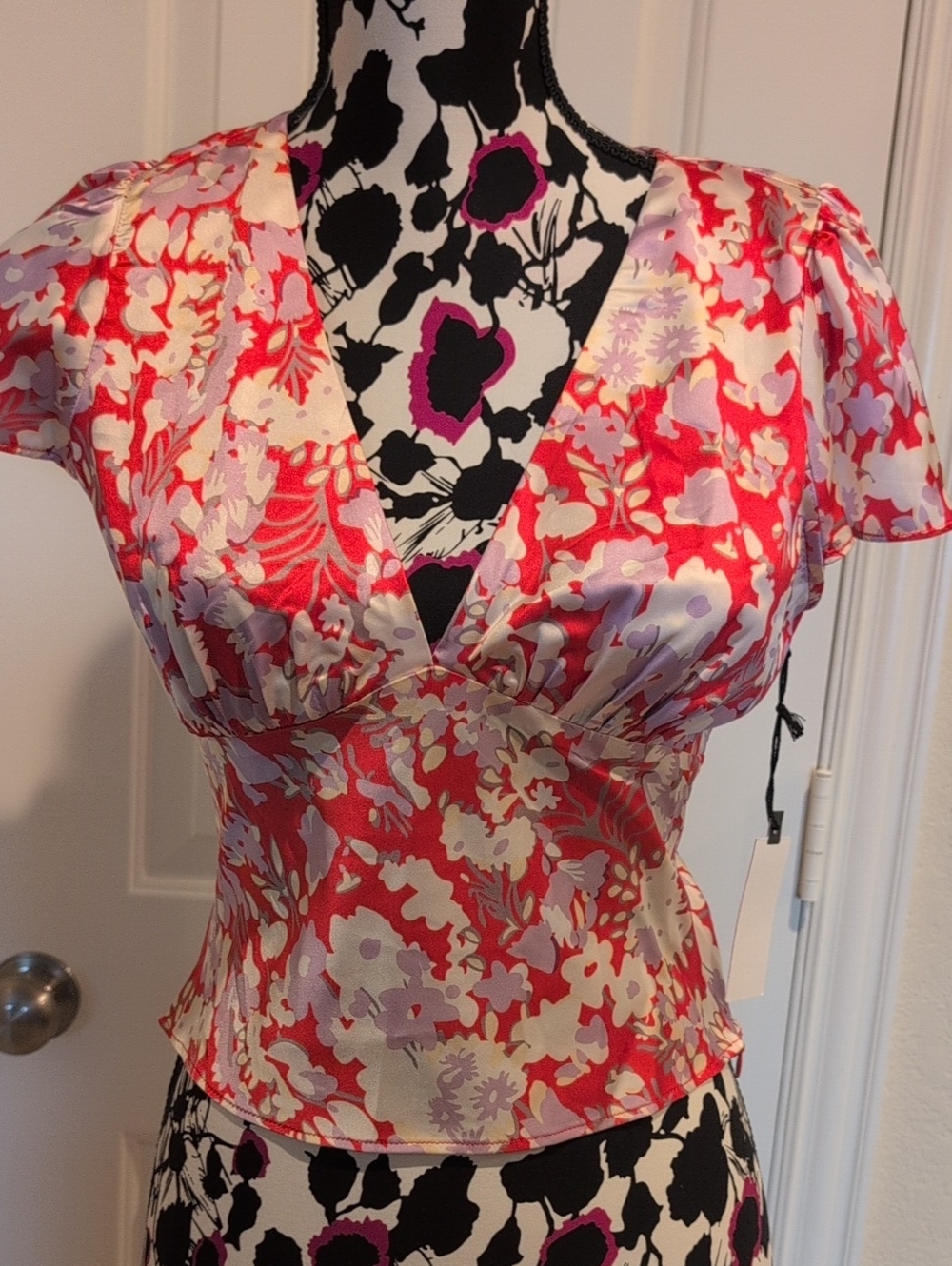 Astr Floral V-Neck Blouse in Red, Lilac, Cream Size Small NWT